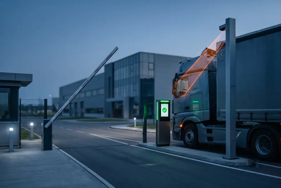 Factory gate with ANPR reading an incoming truck