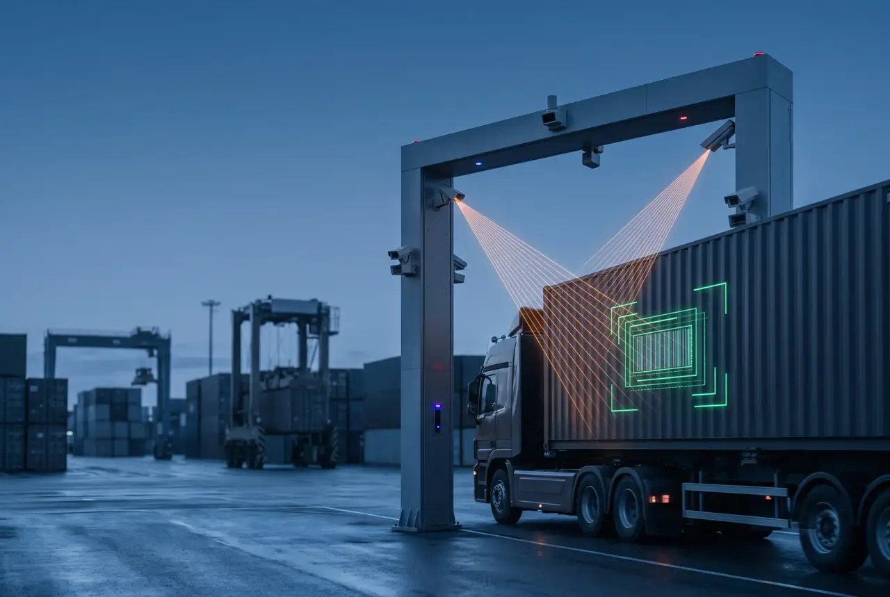 Camera gantry reading a container and truck at a port gate