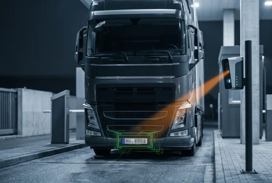 ANPR camera reading a number plate at a truck gate