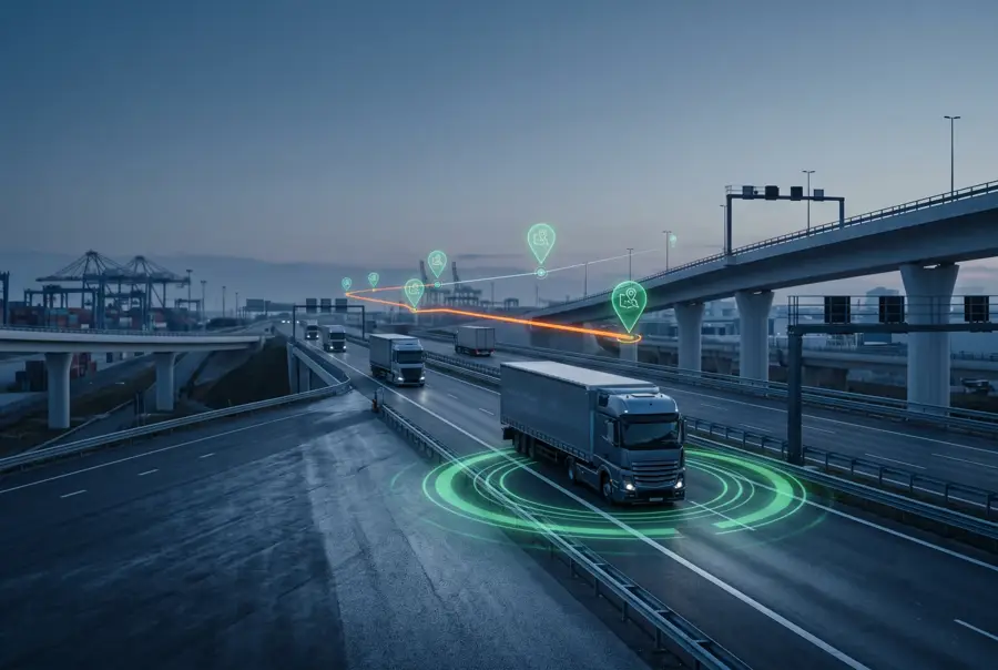 Trucks on a highway tracked with location markers