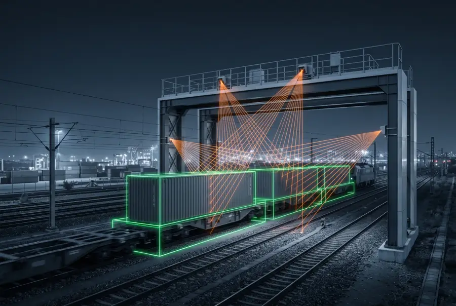 Rail gantry scanning container wagons at a terminal