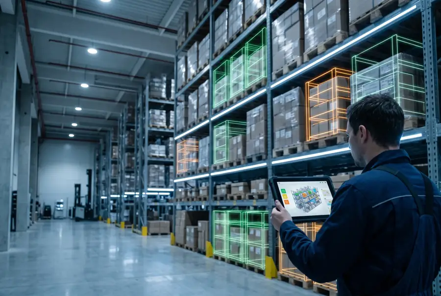 Warehouse worker scanning racked pallets with a tablet