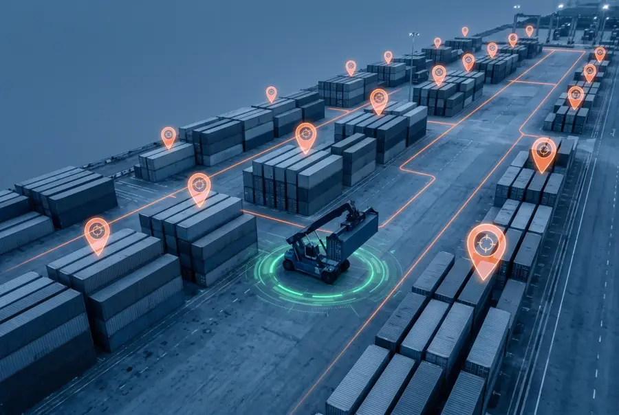 Yard map with tagged container stacks and a moving reach stacker
